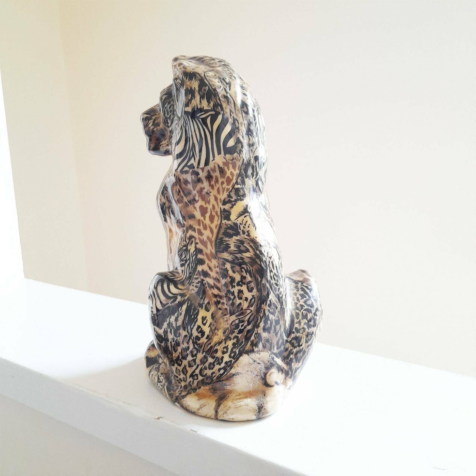 Vintage Lion & Cheetah Studio Art Ornament   La Vie Collage   Glazed Ceramic Safari Print Big Cats   Decoupaged Collectible Feline Figurine photo for sale
