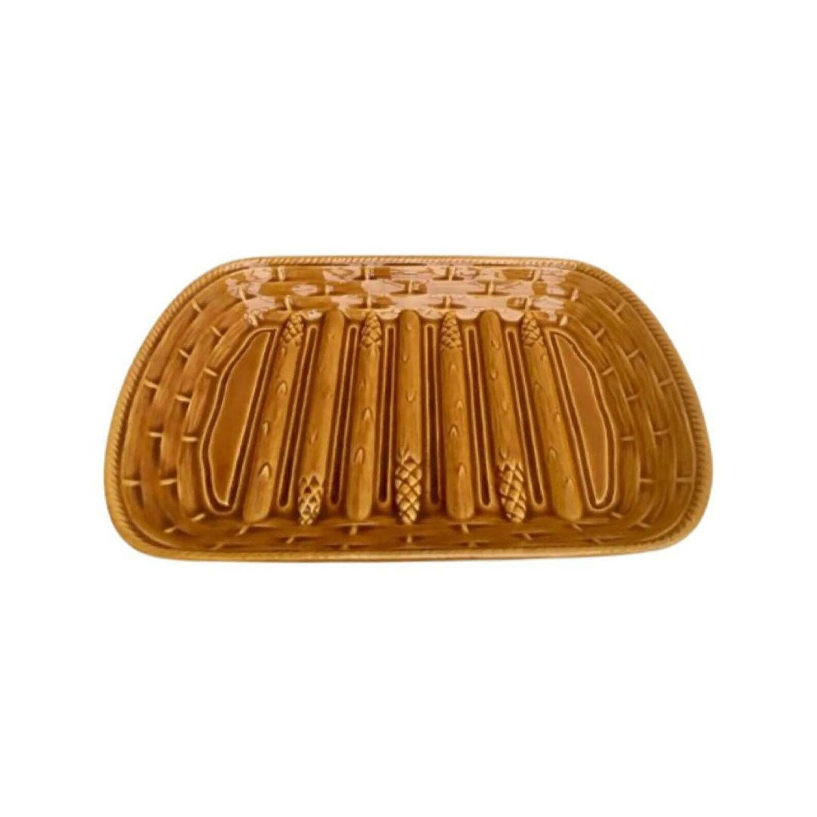Asparagus Plate, Majolica Platter Brown Vintage Extra Large French Pottery 1960s,Ceramic Glazed Rectangular Barbotine, Asparagus Mcm