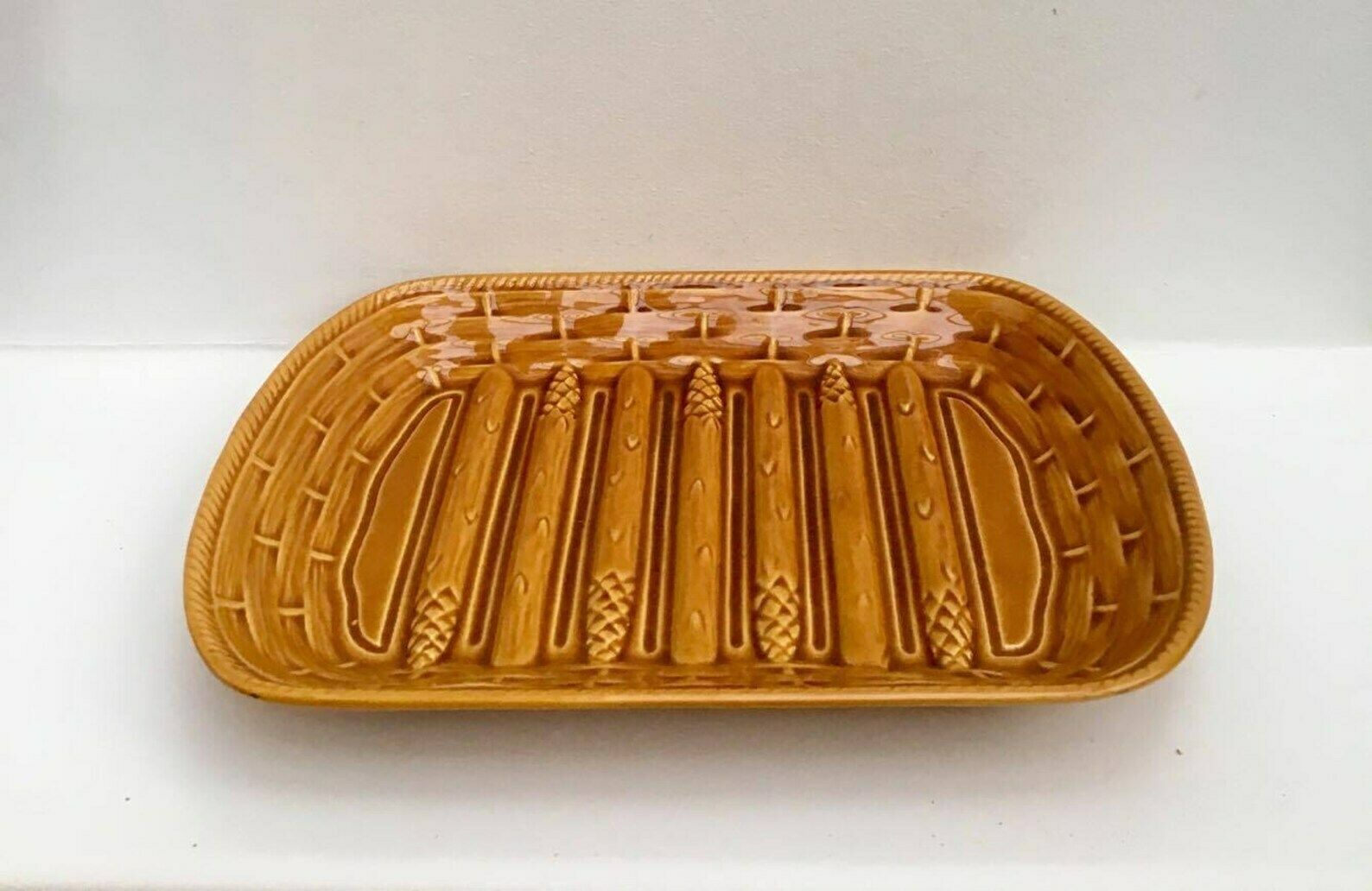 photo buy Asparagus Plate, Majolica Platter Brown Vintage Extra Large French Pottery 1960s,Ceramic Glazed Rectangular Barbotine, Asparagus Mcm