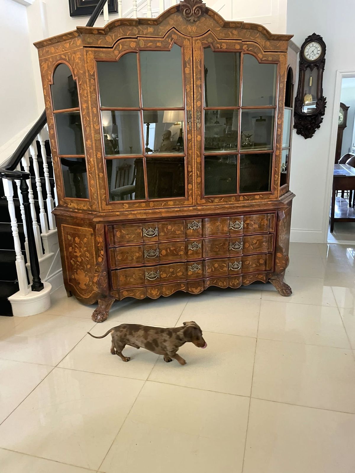 14850.0 Extremely Large Antique Early 19th Century Quality Burr Walnut Dutch Floral Marquetry Inlaid Display Cabinet photo