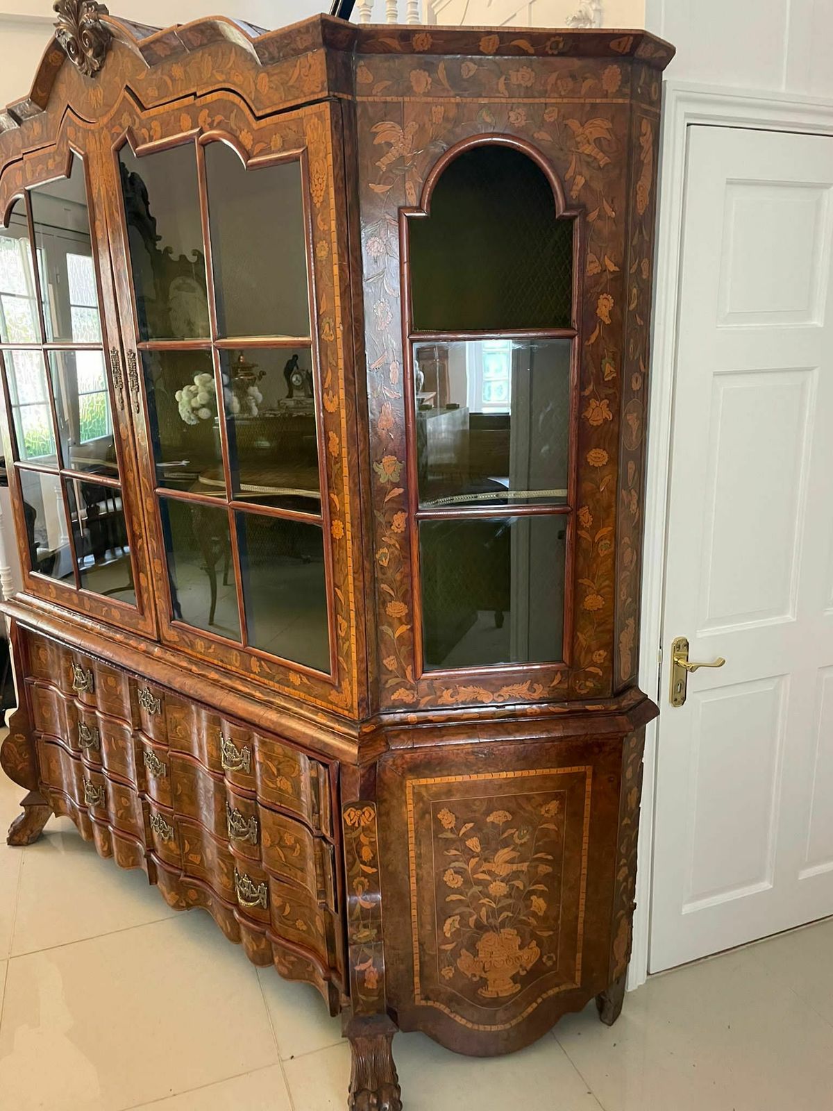 photo buy Extremely Large Antique Early 19th Century Quality Burr Walnut Dutch Floral Marquetry Inlaid Display Cabinet