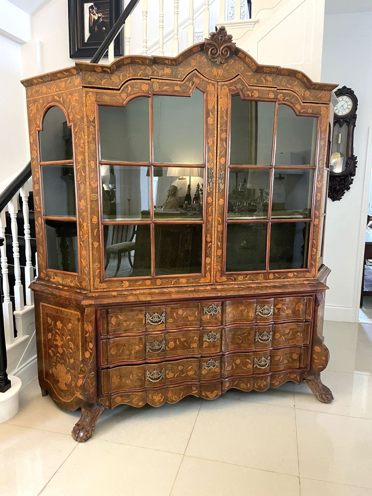 Extremely Large Antique Early 19th Century Quality Burr Walnut Dutch Floral Marquetry Inlaid Display Cabinet