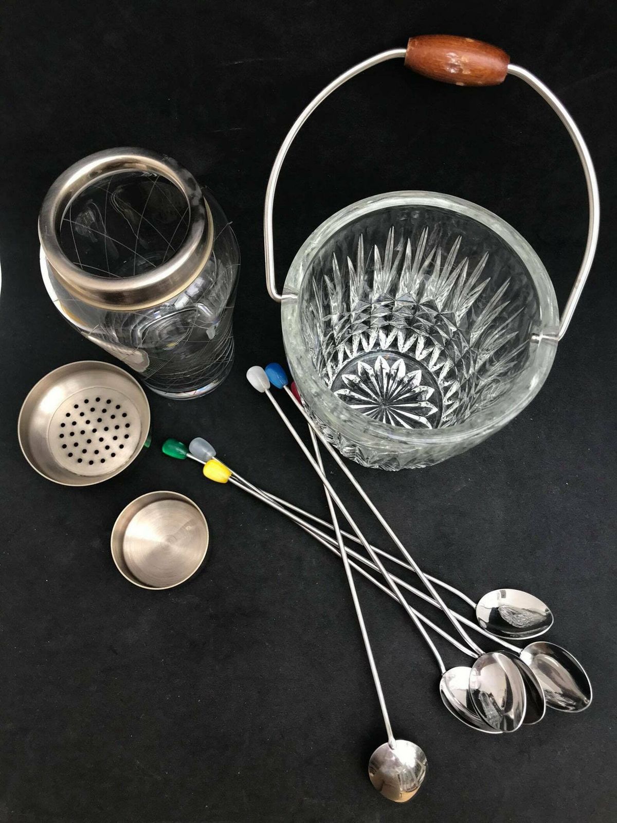 Cocktailshaker, Kristallen Ijsemmer, Cocktaillepels – Mid Century Barset Uit De Jaren '60 | Mixology | Cadeau Voor Hem photo vintage
