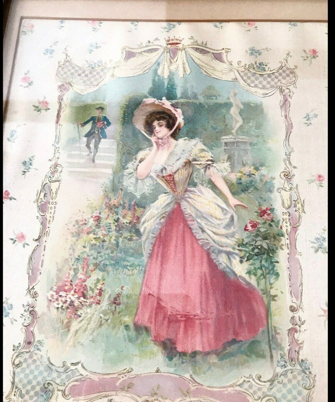 Victorian Painted Framed Silk Crynoline Lady Couple Romance Wall Picture Bathroom Bedroom Antique photo furniture