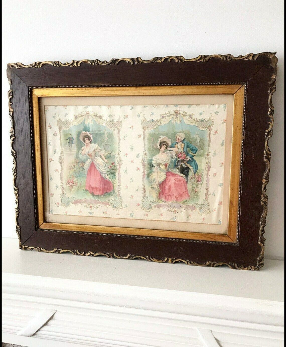 Victorian Painted Framed Silk Crynoline Lady Couple Romance Wall Picture Bathroom Bedroom Antique photo vinterior