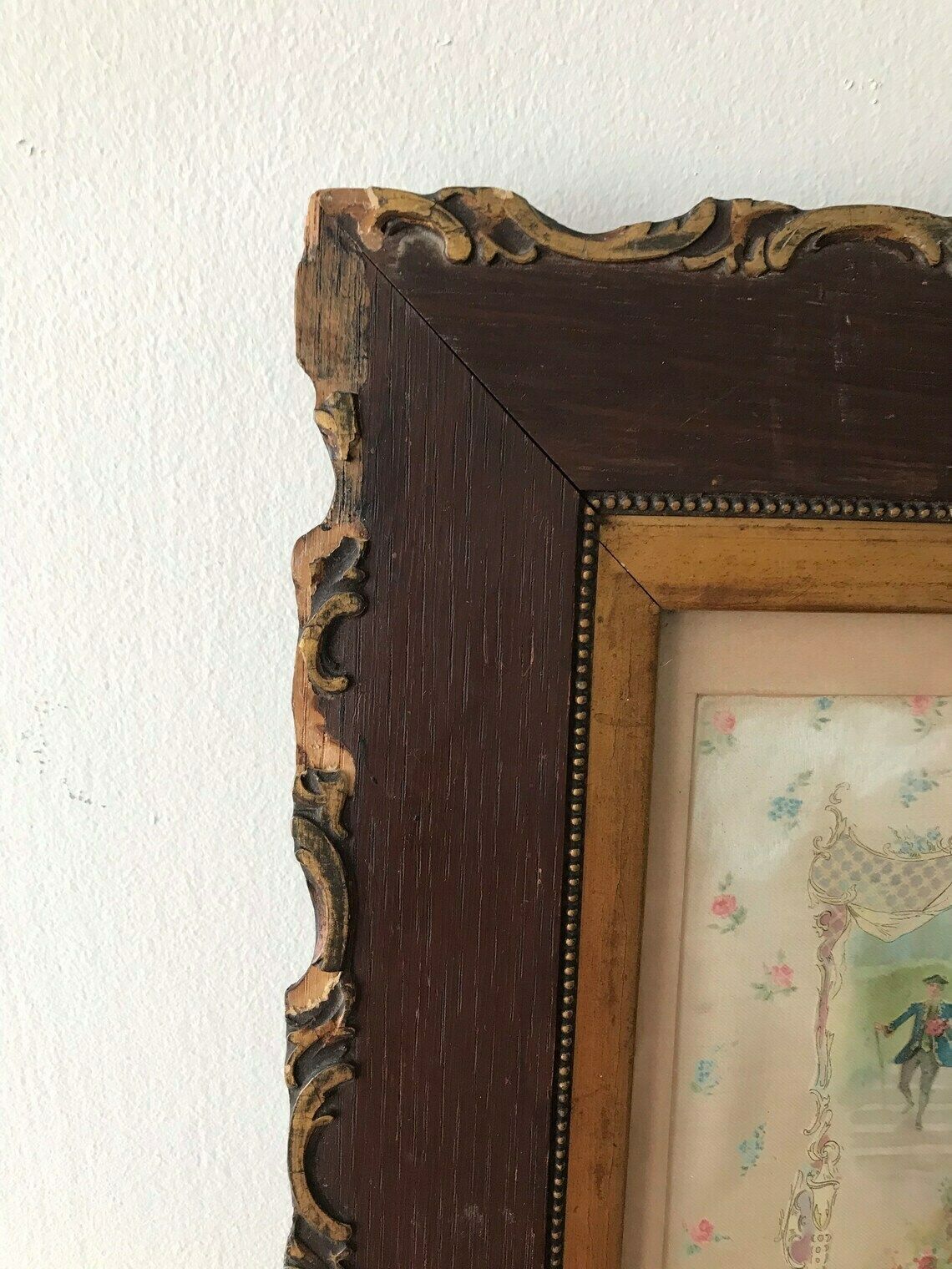 Victorian Painted Framed Silk Crynoline Lady Couple Romance Wall Picture Bathroom Bedroom Antique photo vintage