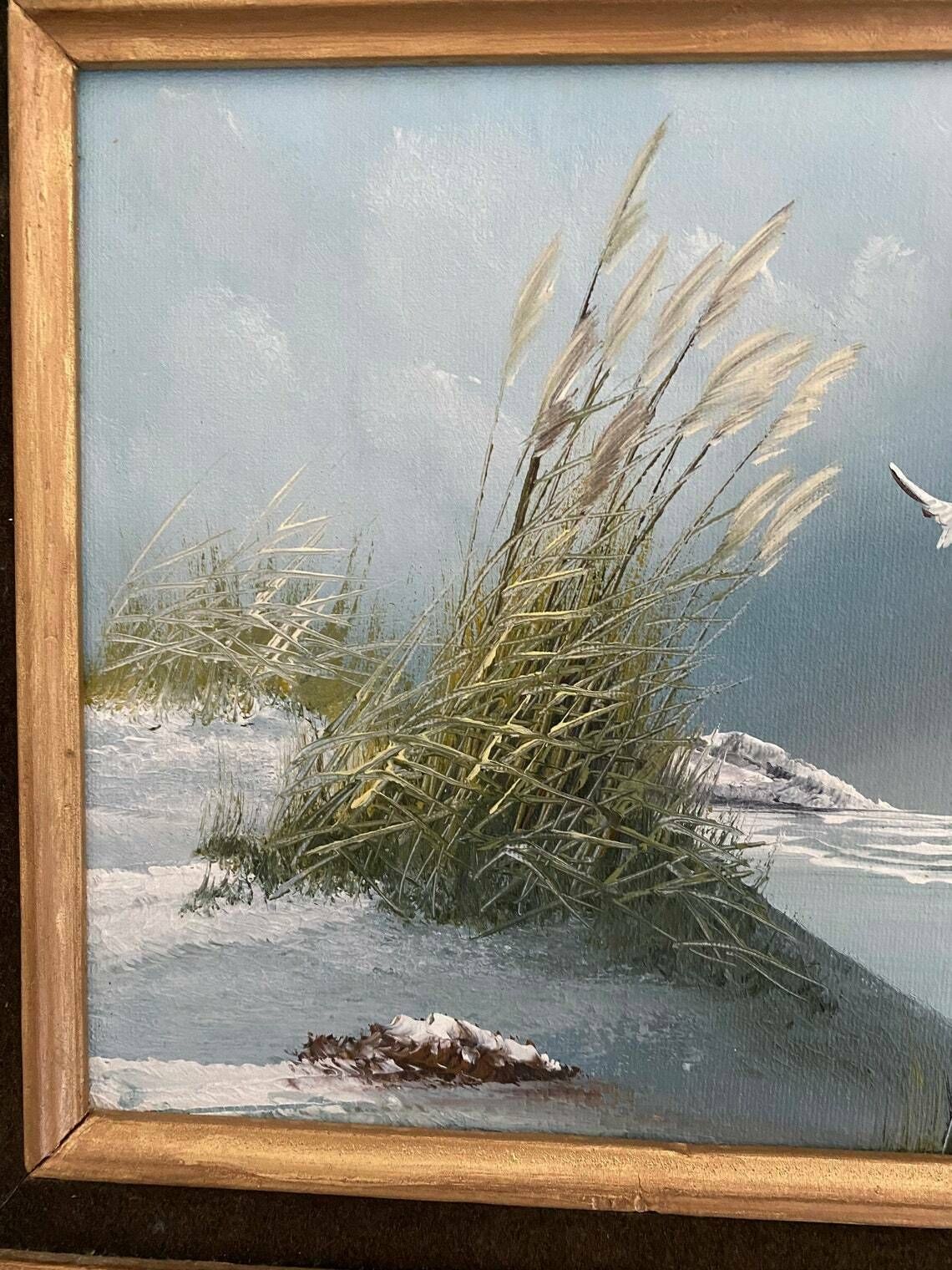 Vintage Oil On Board Seascape Framed Seagulls Shore Blue photo Art