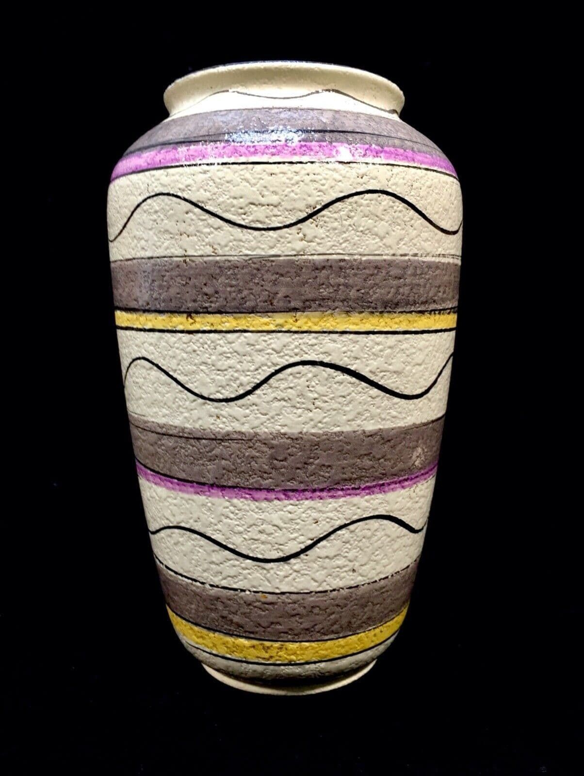Vintage West German Pottery Vase / Retro 1950s / Cream / Purple / Yellow photo for sale