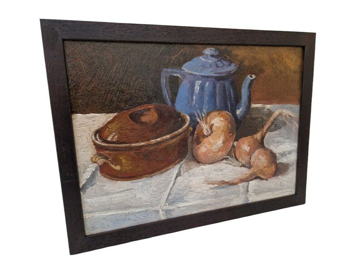 French Country Kitchen Still Life Painting With Onions Teapot And Casserole Dish photo for sale