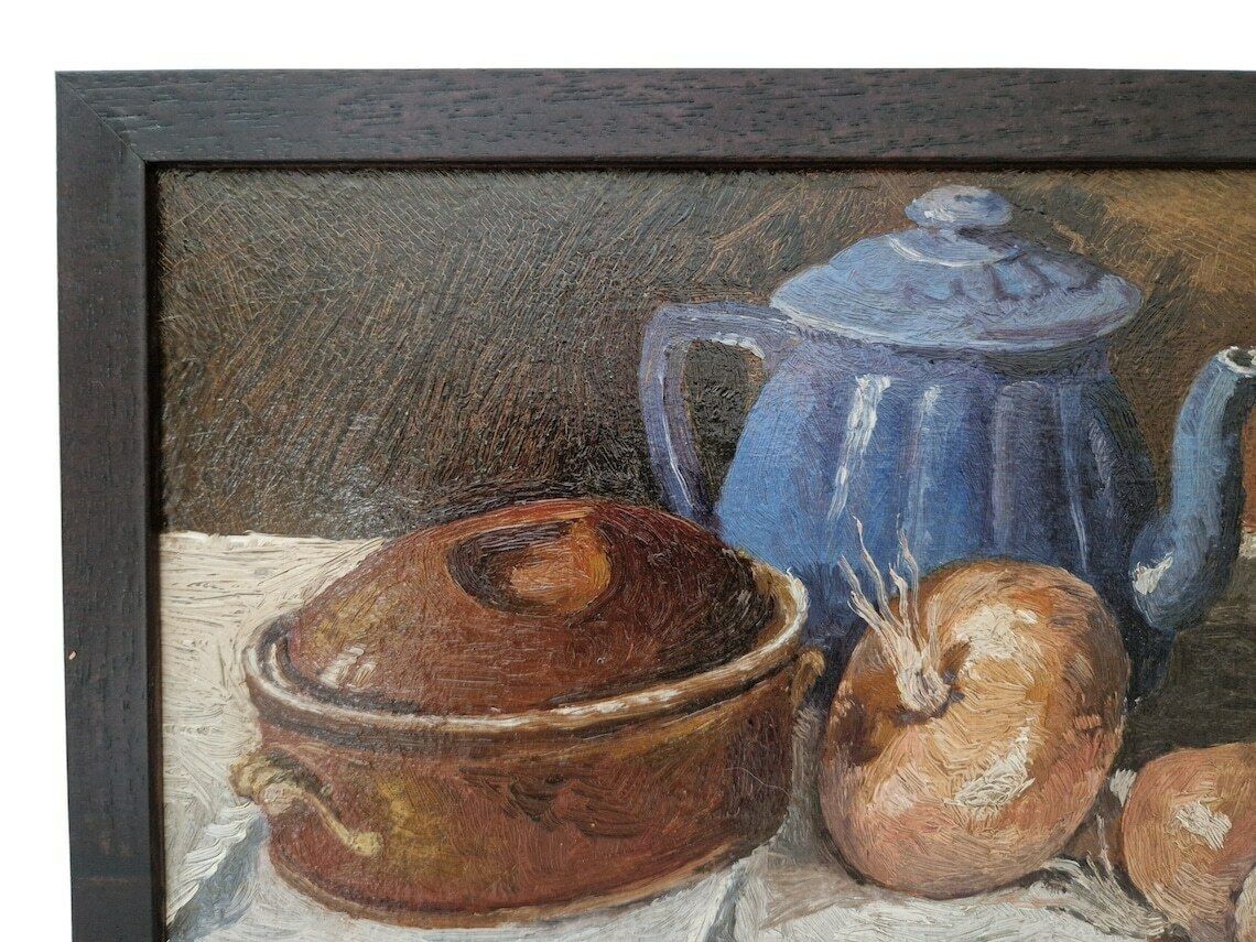 French Country Kitchen Still Life Painting With Onions Teapot And Casserole Dish photo 273.0