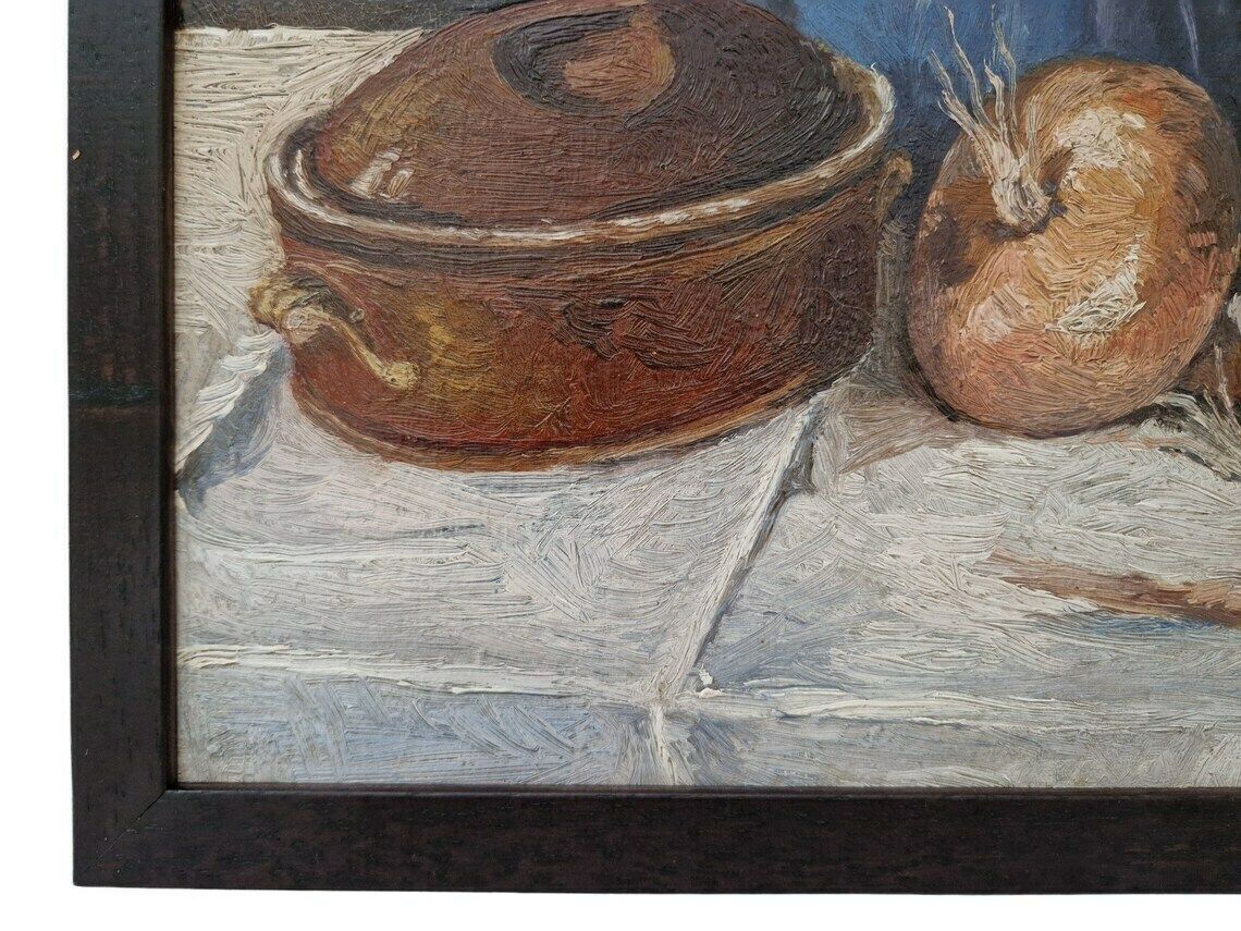 French Country Kitchen Still Life Painting With Onions Teapot And Casserole Dish photo vinterior
