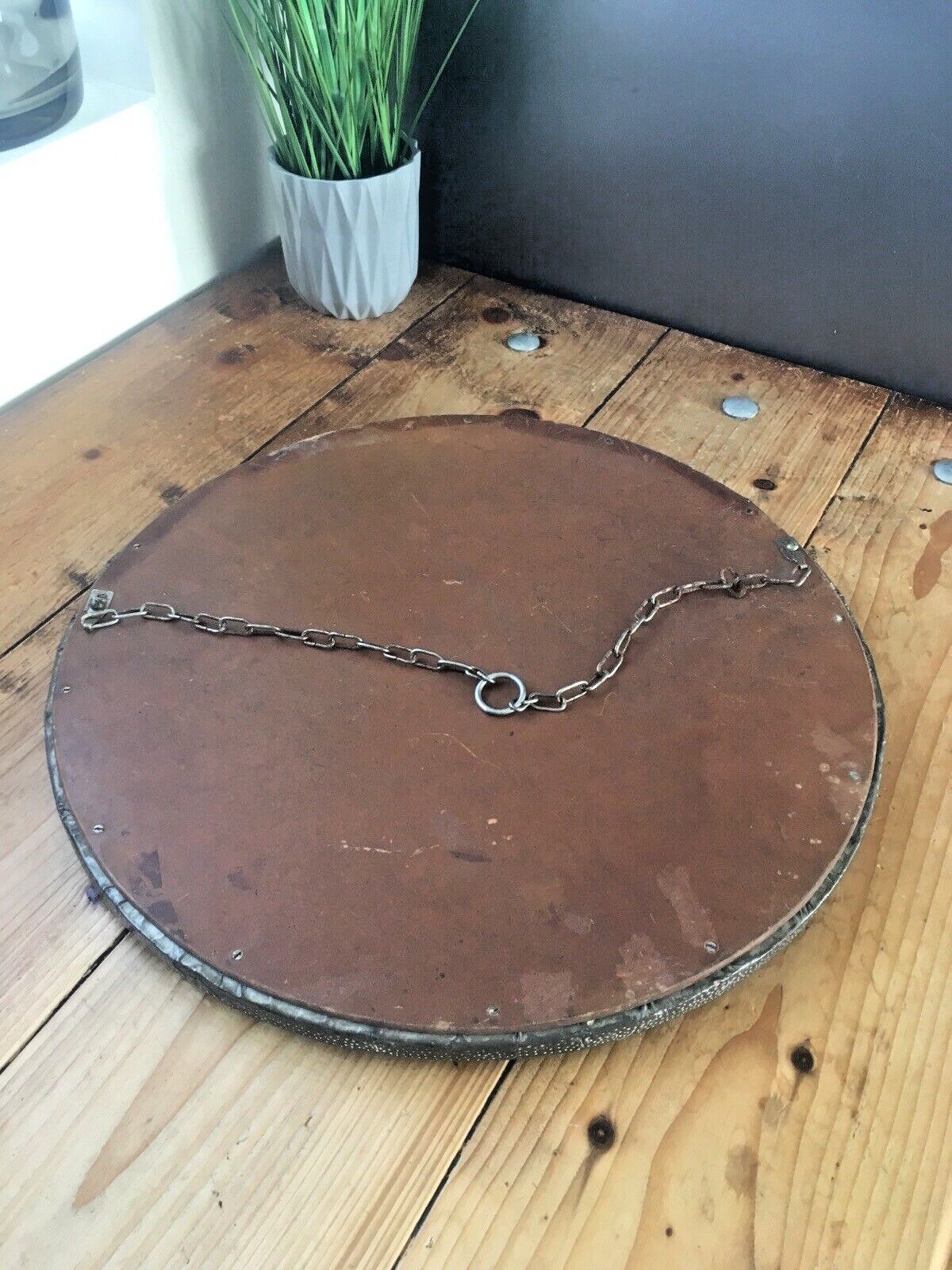 Antique Arts & Crafts Period Abstract Beaten Pewter Round Convex Wall Mirror photo buy