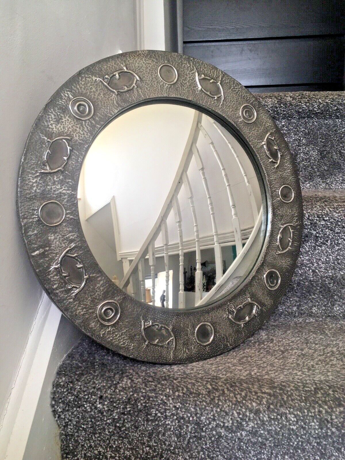 Antique Arts & Crafts Period Abstract Beaten Pewter Round Convex Wall Mirror photo vintage