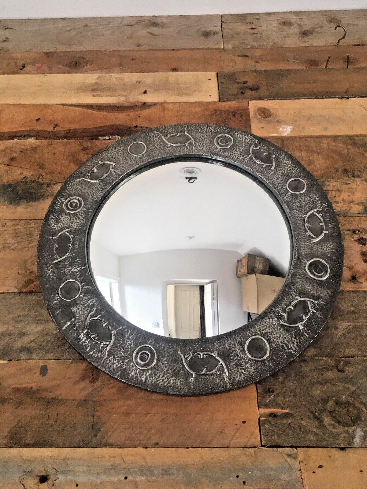 260.0 Antique Arts & Crafts Period Abstract Beaten Pewter Round Convex Wall Mirror photo
