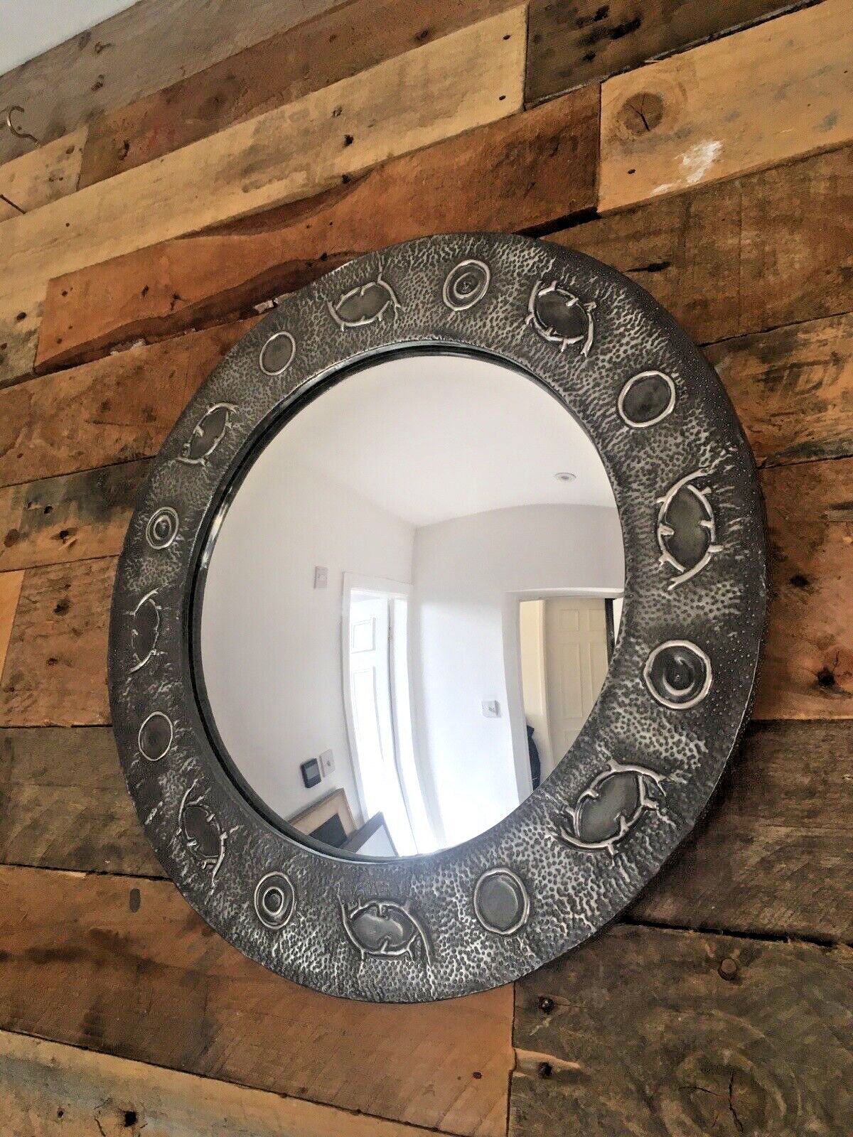 photo buy Antique Arts & Crafts Period Abstract Beaten Pewter Round Convex Wall Mirror