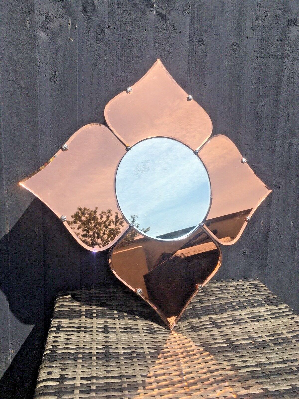 Huge 30" Beautiful 1930's Art Deco Flower Shaped Over Mantel Mirror Copper Peach photo furniture