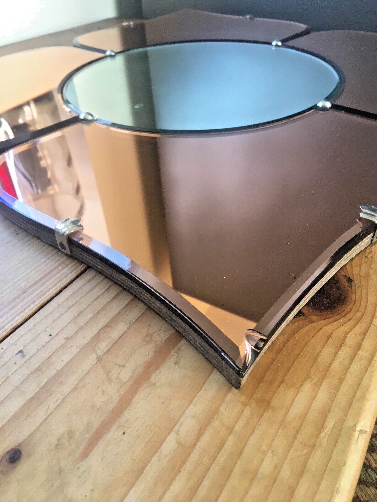 650.0 Huge 30" Beautiful 1930's Art Deco Flower Shaped Over Mantel Mirror Copper Peach photo