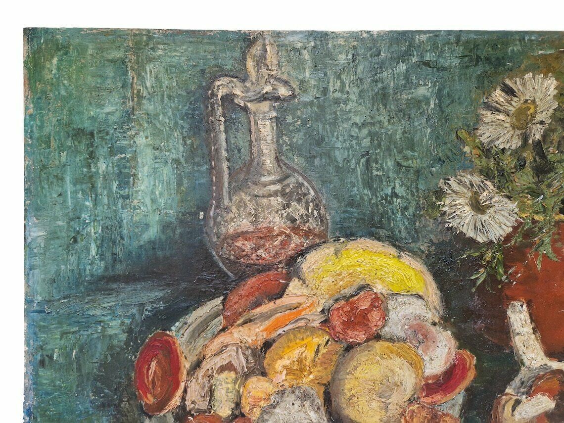 Mid Century Still Life Oil Painting With Mushrooms Port Wine And Flowers French Autumnal Fall Wall Art photo buy