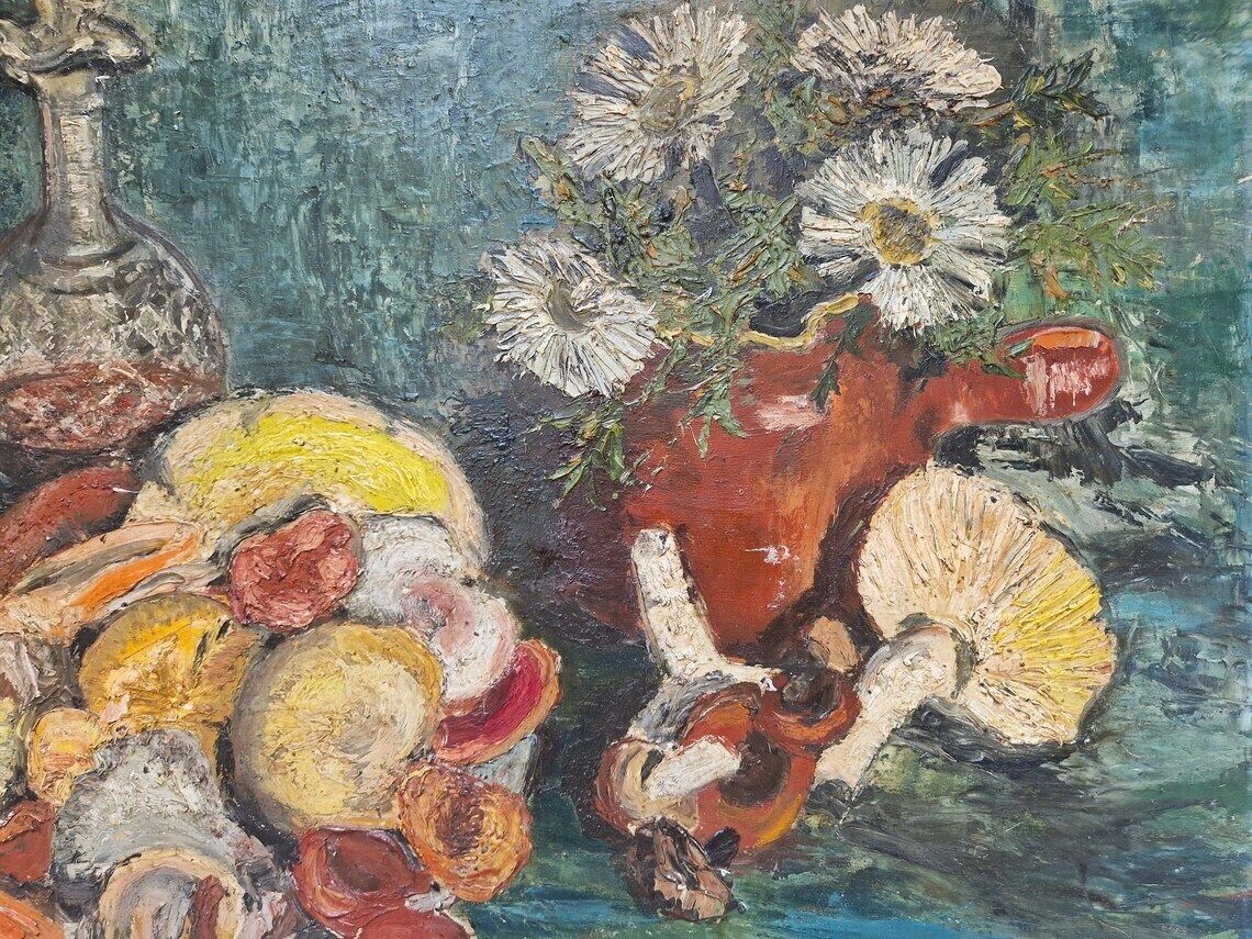 photo for sale Mid Century Still Life Oil Painting With Mushrooms Port Wine And Flowers French Autumnal Fall Wall Art
