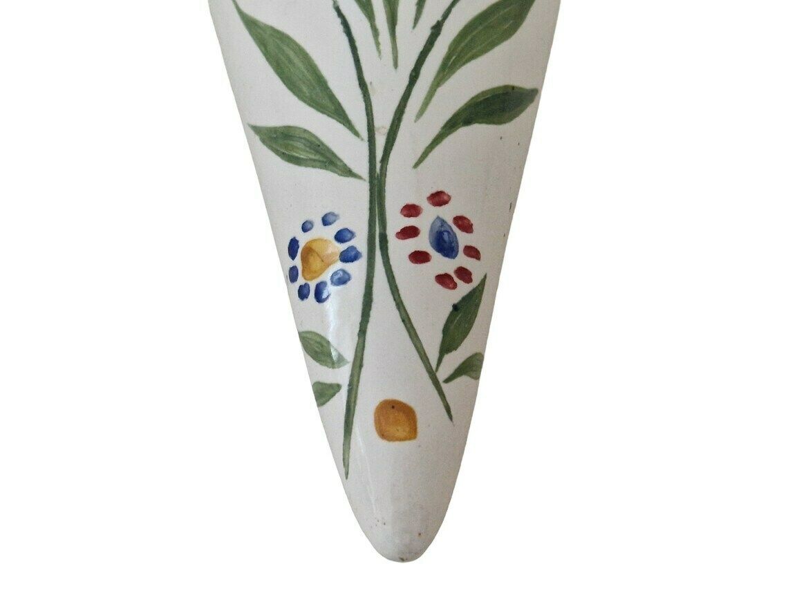 French Ceramic Thyme Pocket Vase With Folk Art Floral Motif Wall Hanging Pottery Horn photo vintage