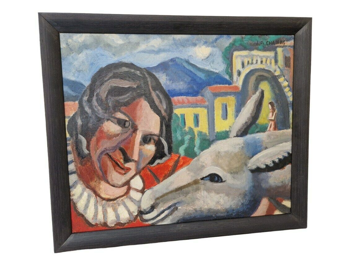 Woman And Donkey Oil Painting Cubist Style Wall Hanging Art French Original Signed Artwork photo furniture