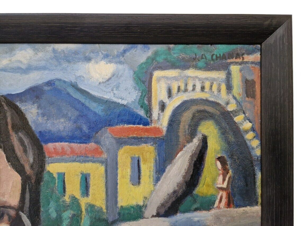 Woman And Donkey Oil Painting Cubist Style Wall Hanging Art French Original Signed Artwork photo vintage