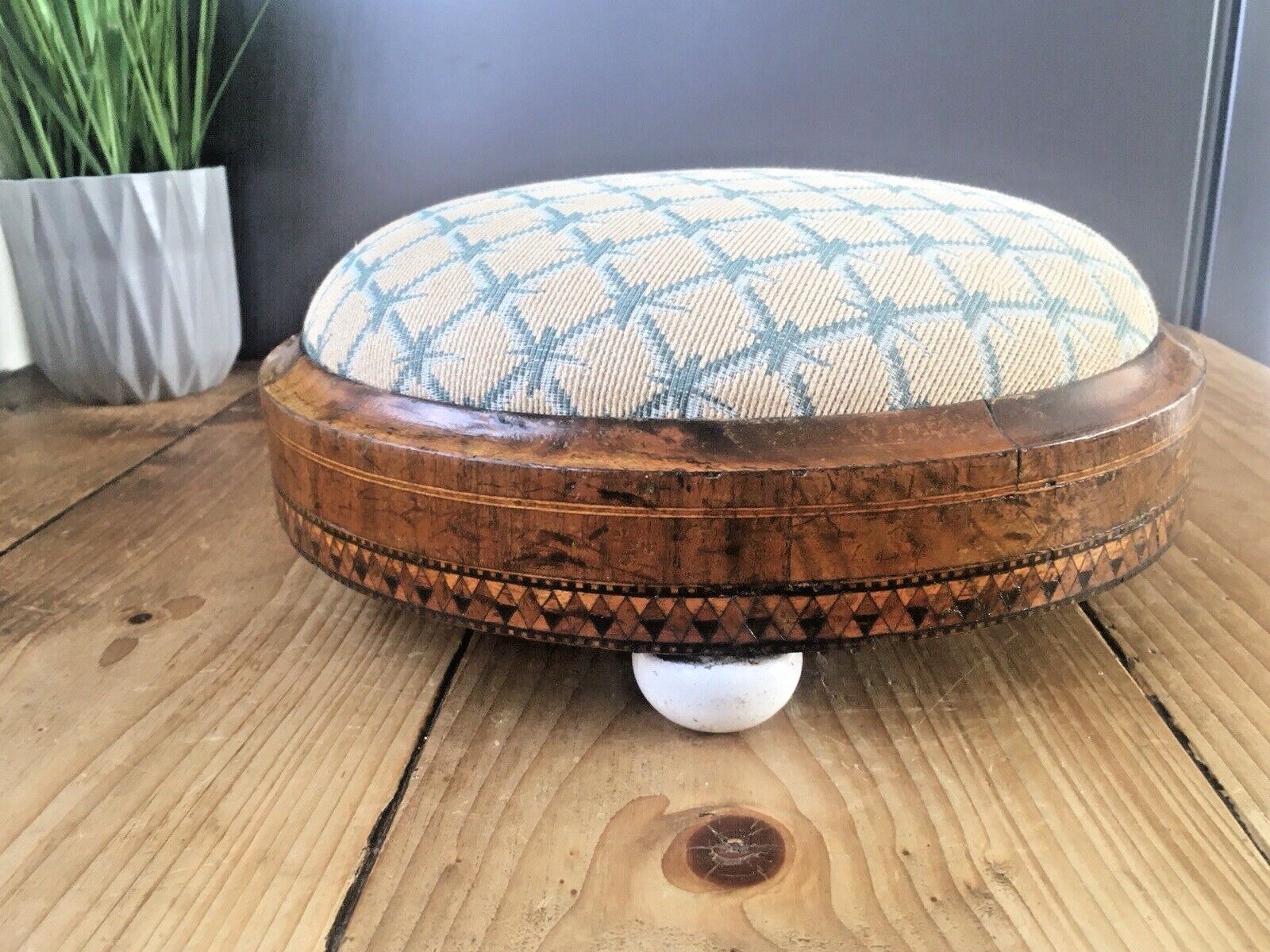 Antique Inlaid Diamond Tapestry Low Foot Stool Pouffe Old English Country House photo furniture