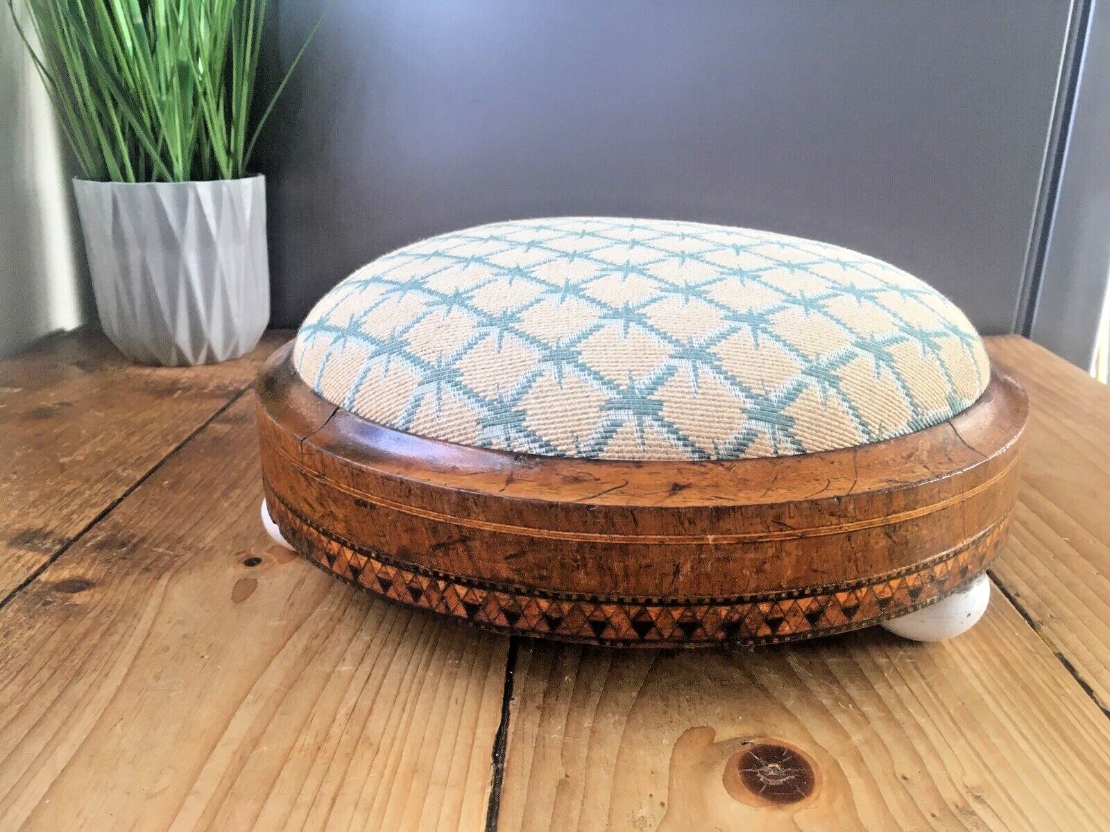 Antique Inlaid Diamond Tapestry Low Foot Stool Pouffe Old English Country House photo for sale