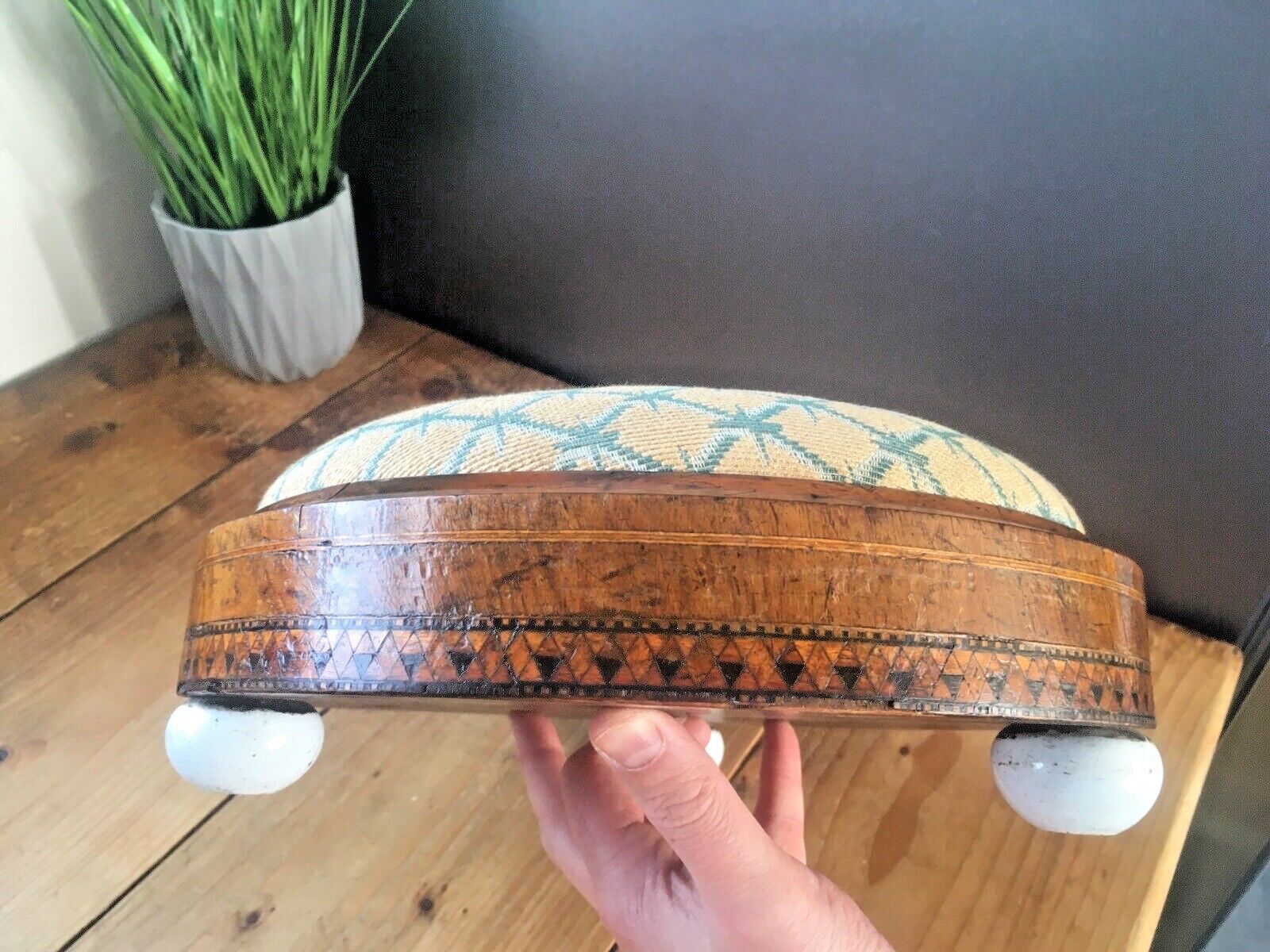photo furniture Antique Inlaid Diamond Tapestry Low Foot Stool Pouffe Old English Country House