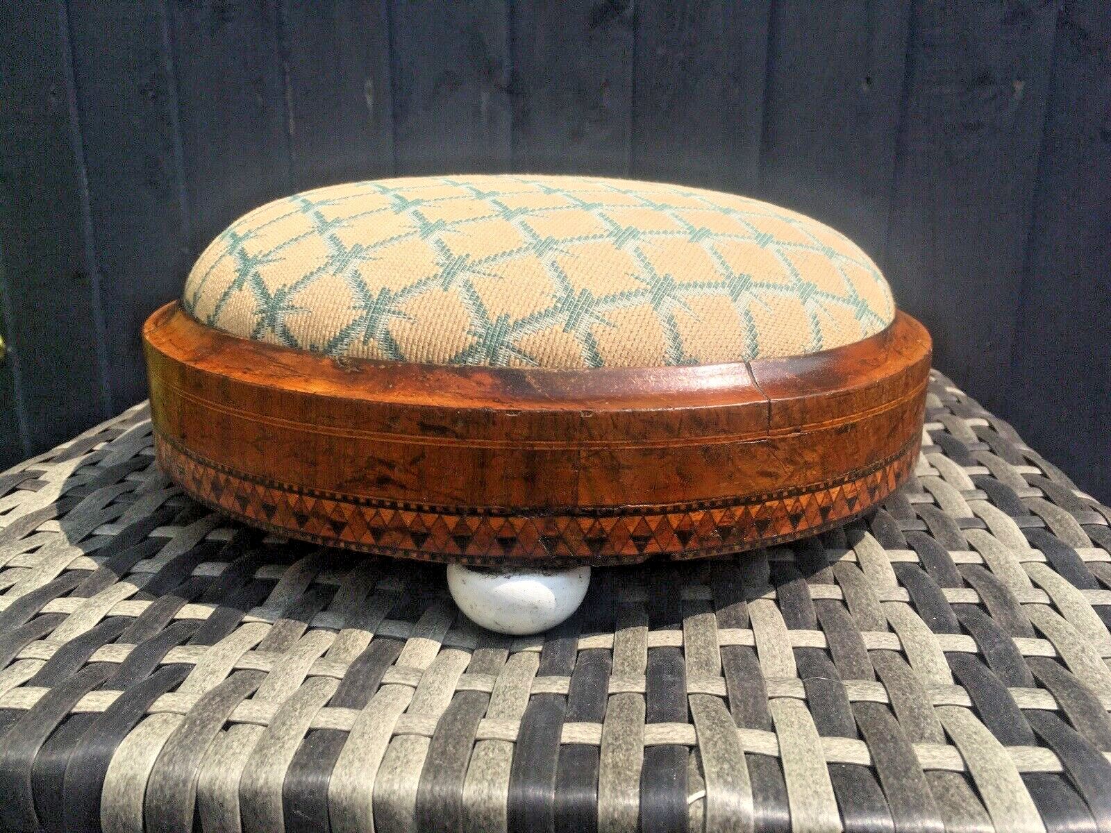 Furniture Antique Inlaid Diamond Tapestry Low Foot Stool Pouffe Old English Country House photo