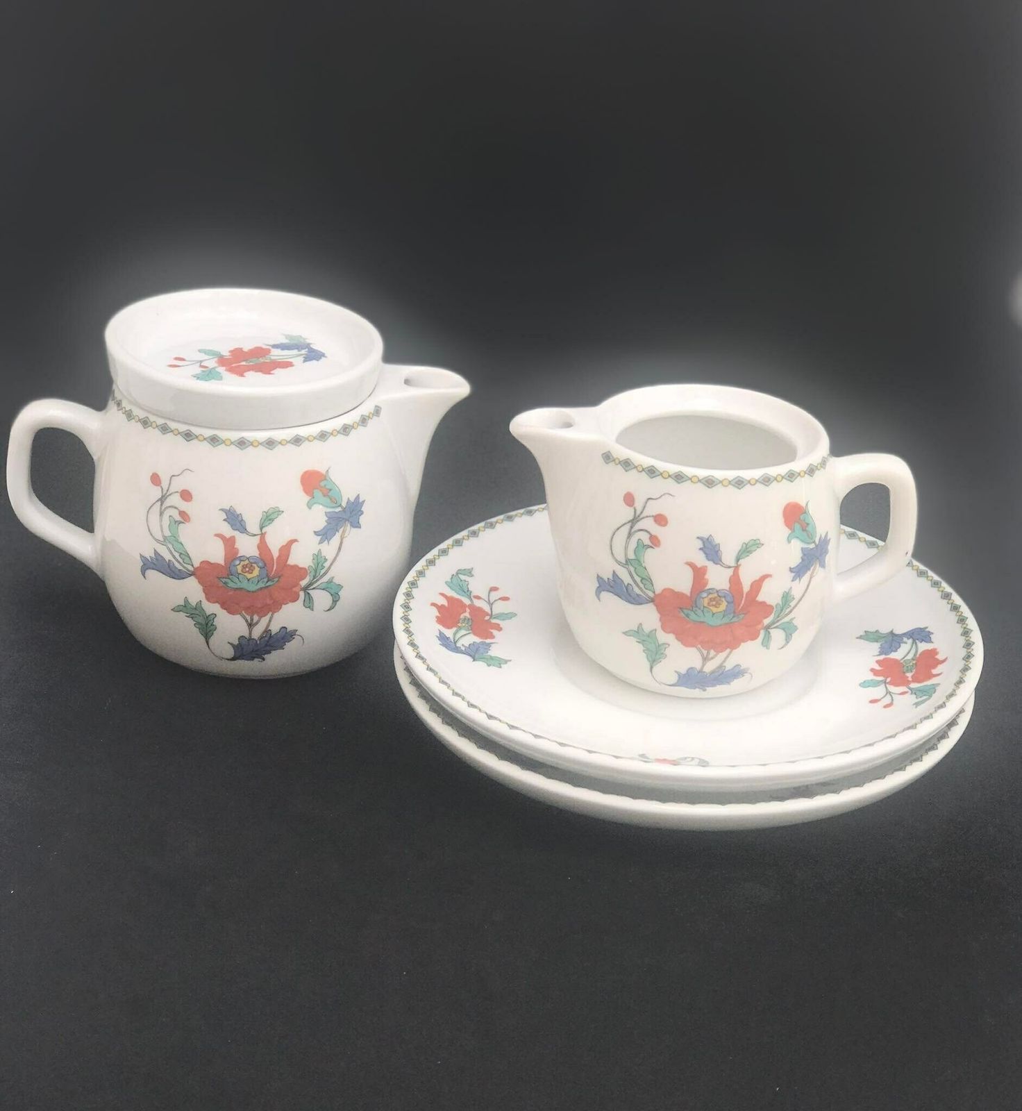 Individual Teapot, Creamer 2 Saucers Dish Pavot Pattern By Porcelaine De Paris, China Replacement Dish, Dish Discontinued Tea Table Decor photo for sale