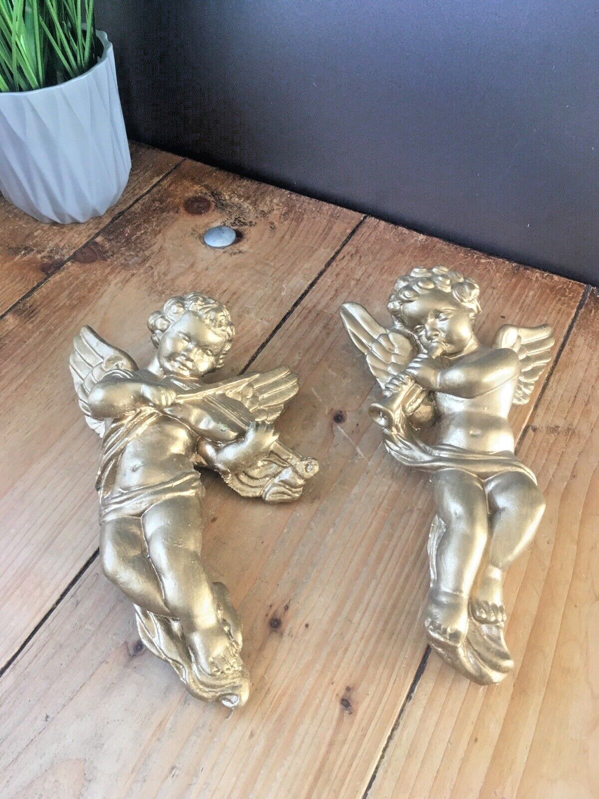 Pair Of Gold Chalkware Plaster Neoclassical Cupid Angels Cherubs Playing Music photo furniture