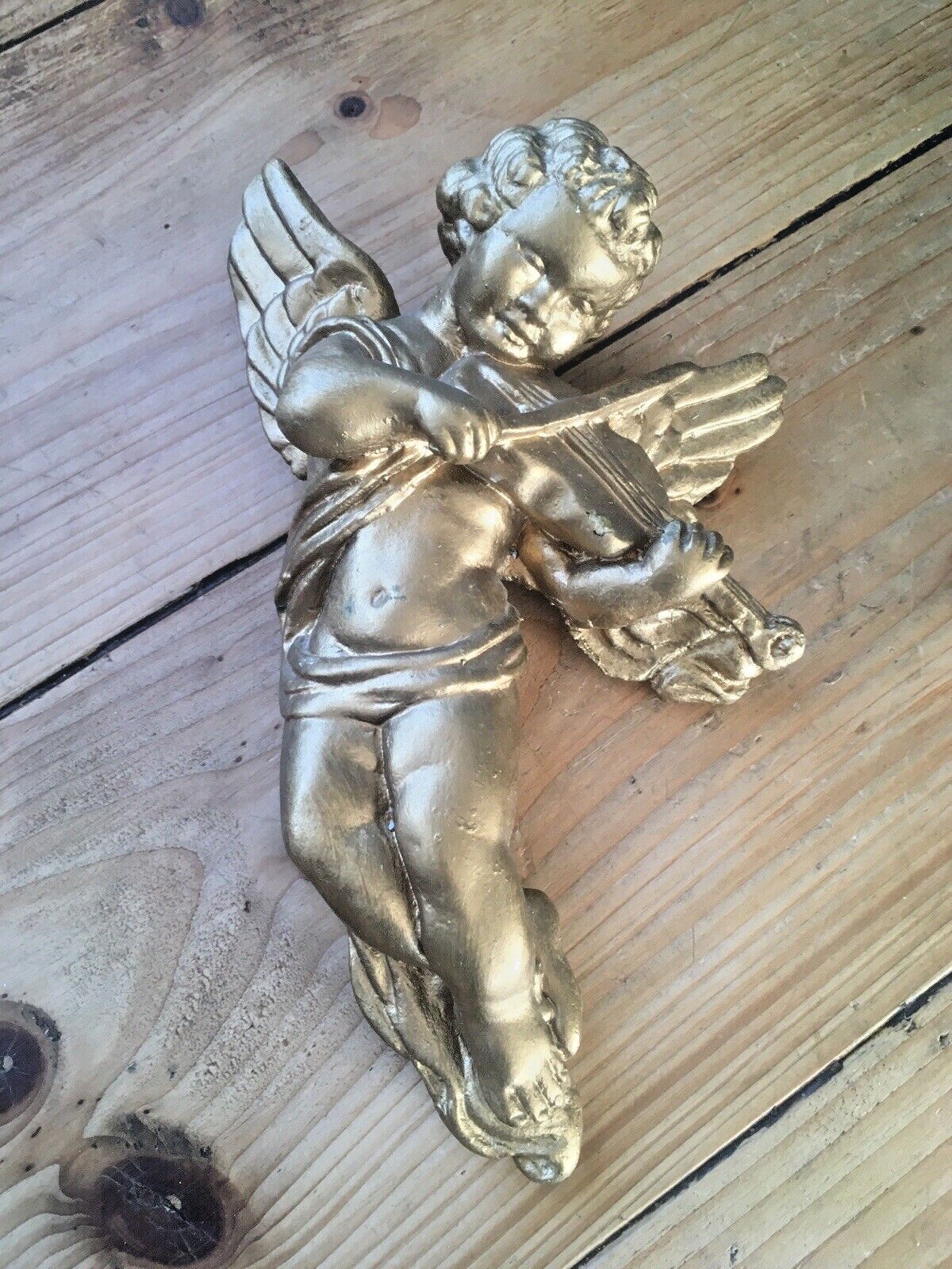 Pair Of Gold Chalkware Plaster Neoclassical Cupid Angels Cherubs Playing Music photo Home Decor