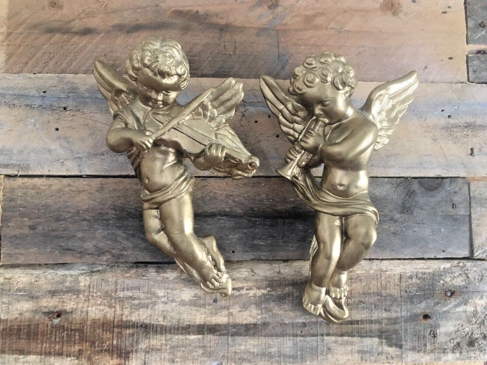 Home Decor Pair Of Gold Chalkware Plaster Neoclassical Cupid Angels Cherubs Playing Music photo