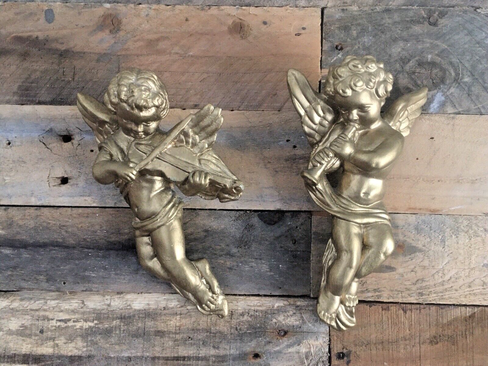 50.0 Pair Of Gold Chalkware Plaster Neoclassical Cupid Angels Cherubs Playing Music photo