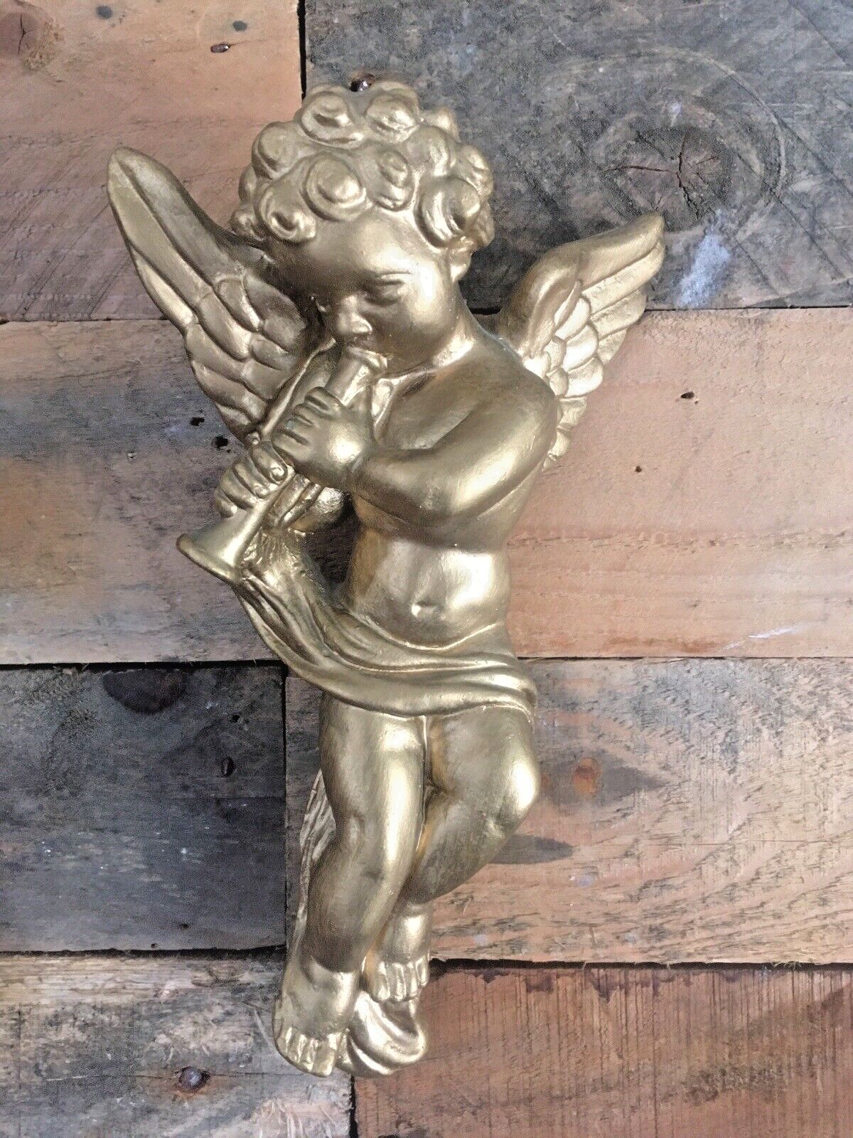 photo buy Pair Of Gold Chalkware Plaster Neoclassical Cupid Angels Cherubs Playing Music
