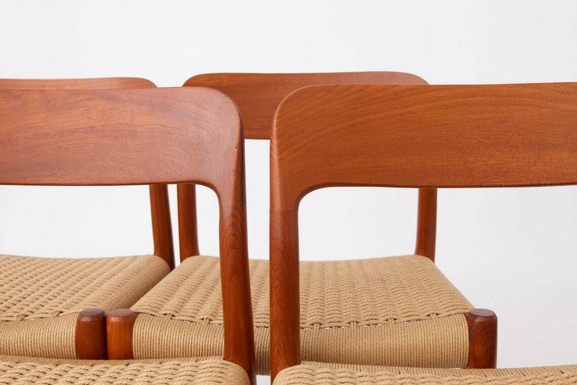 Niels Moller Mid Century Teak Dining Chairs With Papercord Seats By Niels O. Møller For J.L. Moller, Model 75, Set Of 4, Denmark, 1950s photo vinterior