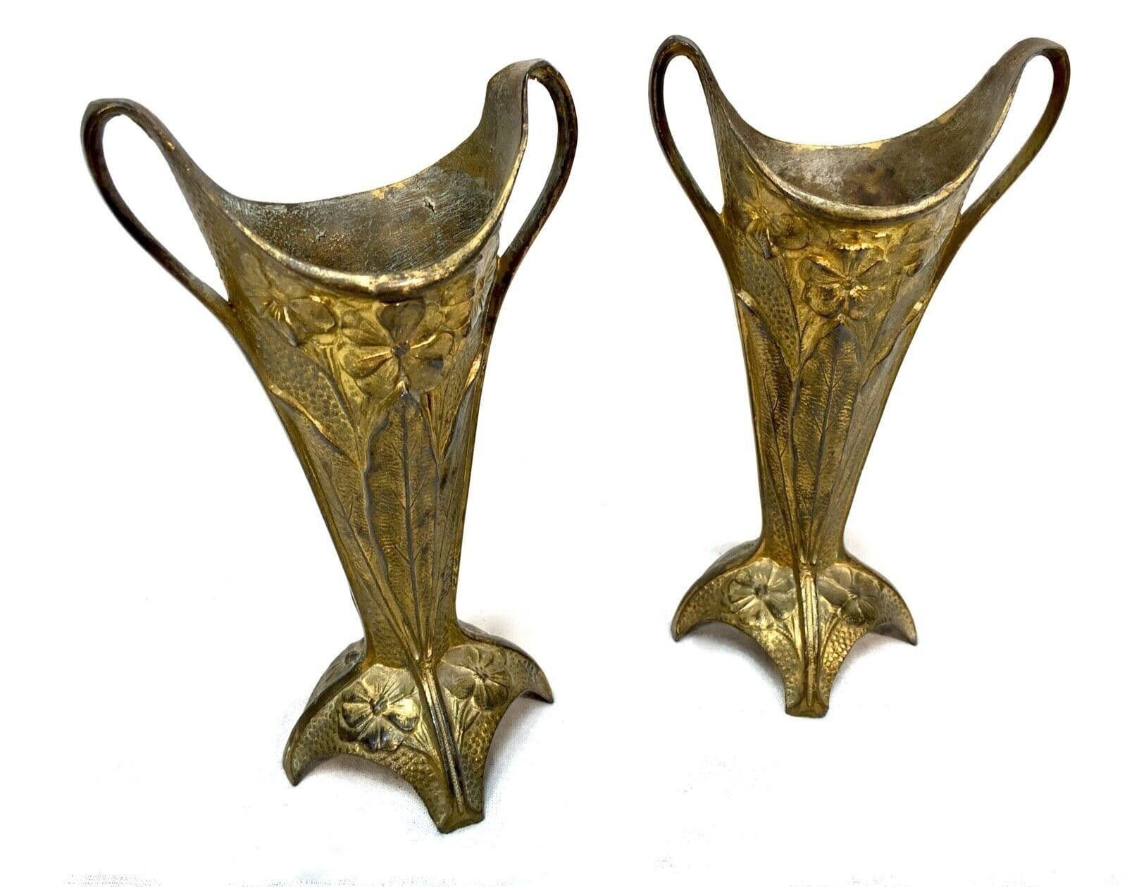 Antique Pair Of Brass Art Nouveau Trumpet Posy Vases / Matching / C.1910
