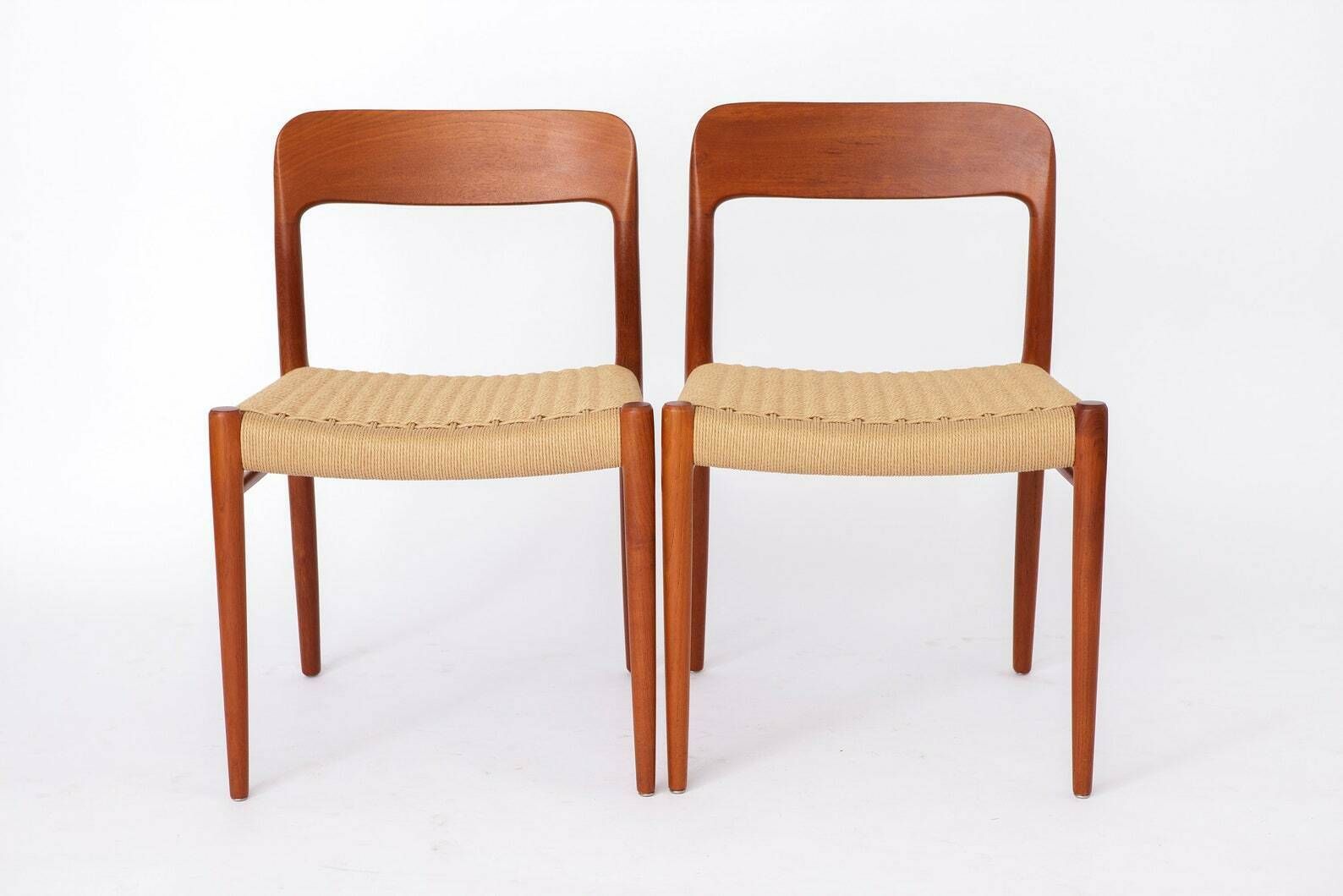 2 Niels Moller Chairs, Model 75, 1950s, Teak Wood, Papercord Seat, Vintage Chairs, Set Of 2, Dining Chairs, Denmark photo for sale