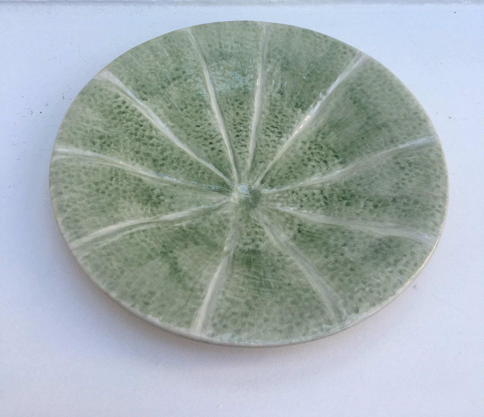 Bordallo Pinheiro Majolica Portugal Green Melon 8" Salad Dessert Plate, Melon Bowls, Green Stoneware Orange Dessert Plate, Salad Dish photo for sale