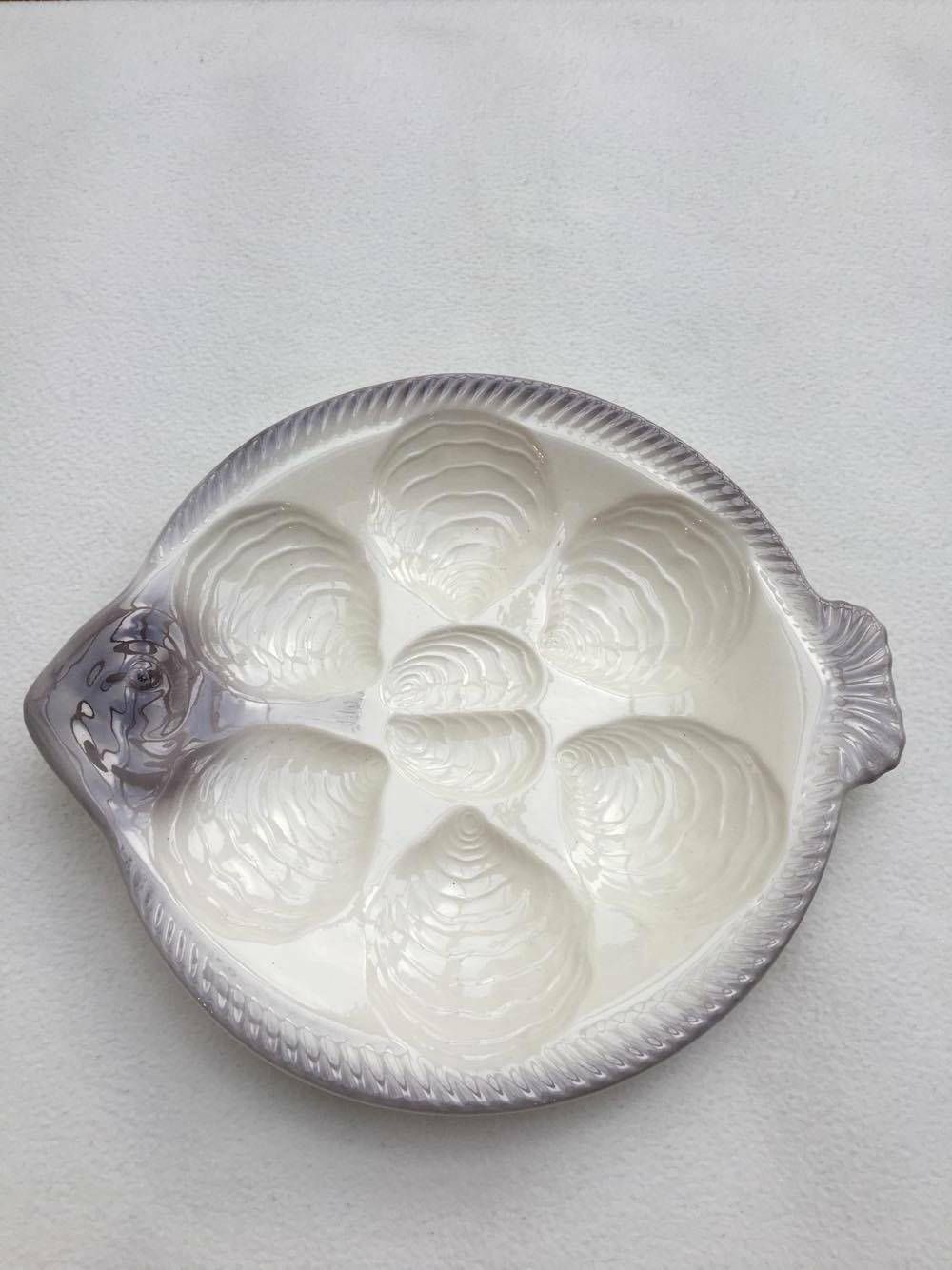 Vintage Oyster Plate, Fish Shaped Plate Vintage West Germany, Waechtersbach Pottery, Fish Plates, Grey Hand Painted, Seafood Beach 6 Oyster photo for sale