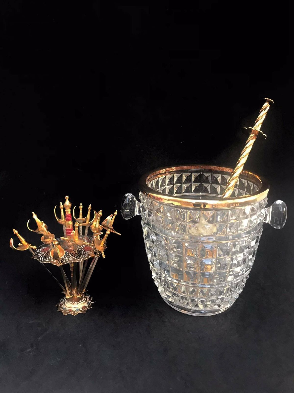 photo for sale Ice Bucket Heavy Molded Glass With Tongs And Handles Mid Century Austrian Glass Art Oberglas Bar Cart Styling Retro Bar Accessories, Mcm