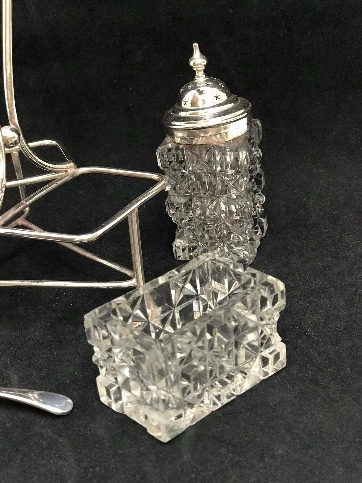Kruidenset Met Houder – Victoriaans Verzilverd Glas – Antiek Engels Tafelgerei – Mosterd, Zout En Peper – Luxe Trouwcadeau photo 234.0