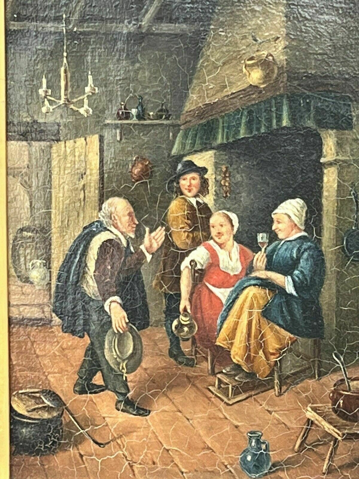 Tavern Or Inn Scene. Oil On Canvas In Gold Gilt Frame. photo for sale
