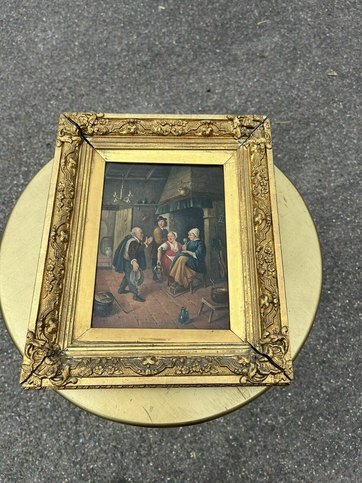 photo vinterior Tavern Or Inn Scene. Oil On Canvas In Gold Gilt Frame.