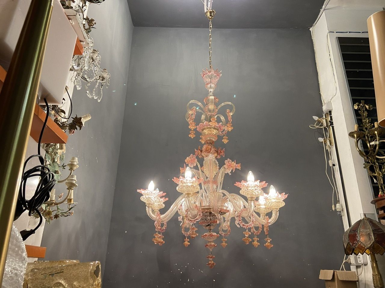Large Pink Venetian Murano Glass Chandelier 1960’s photo vinterior