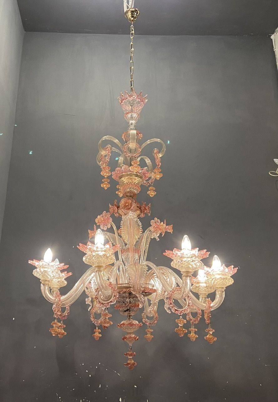 Lighting Large Pink Venetian Murano Glass Chandelier 1960’s photo