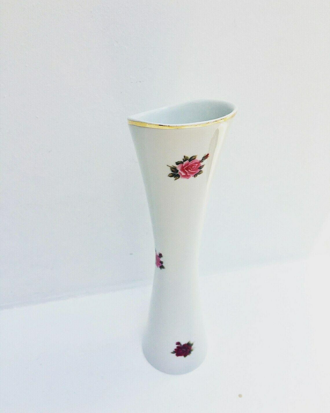 Hungarian Hollohaza Vase, Romantic White Porcelain Vase, Roses Gold Rimmed Hollohaza Hungary 1831 Porcelain Flower Vase, Pink And Red Rose photo furniture