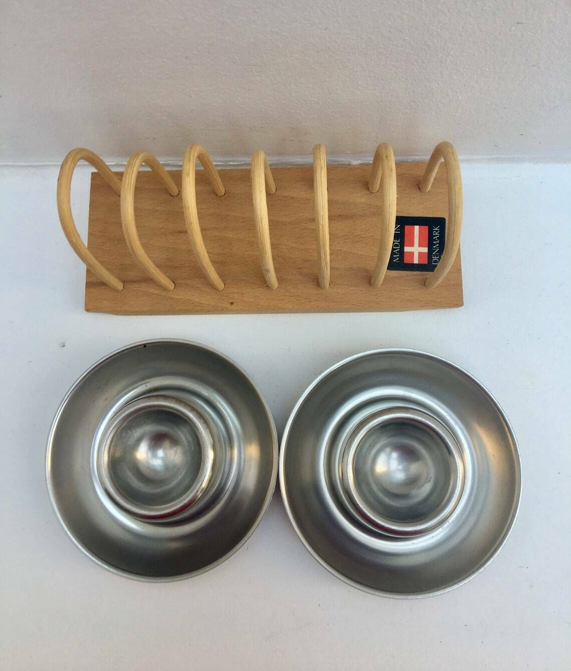 Egg Cup Set Of 6 Stainless Steel 60s Wooden Toast Holder Made In Denmark , Breakfast Set, Vintage Egg Holder Kitchen Tools Wood Toast Holde photo vinterior