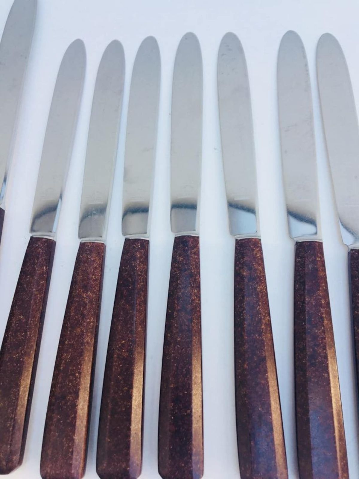 photo furniture Dinner Knife Set, Dessert Fruits Cheese Entree Knives Cutlery Set, Mid Century Brown Set Of 18 French Table Mcm Vintage Retro Table 1960s